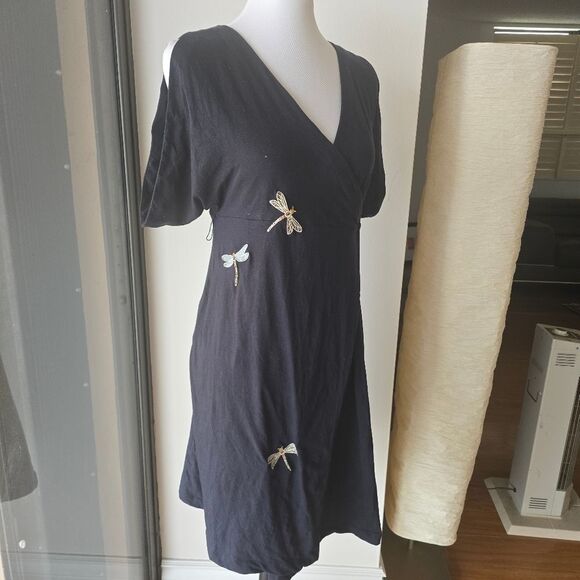 Tibi Black Wrap Dress with Dragonfly Accents Medium - Picture 10 of 12